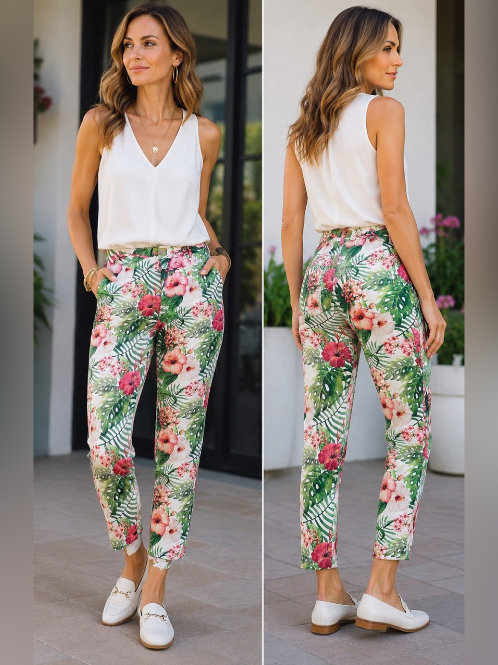 Sacoor Brothers pink green floral flower tropical ankle pants Sz 38 NWT